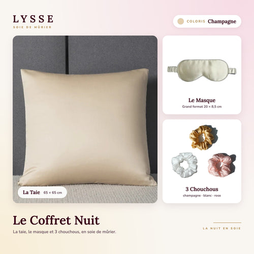 Coffret Nuit LYSSE coloris Champagne : taie 65 × 65 cm, masque et 3 chouchous en soie de mûrier