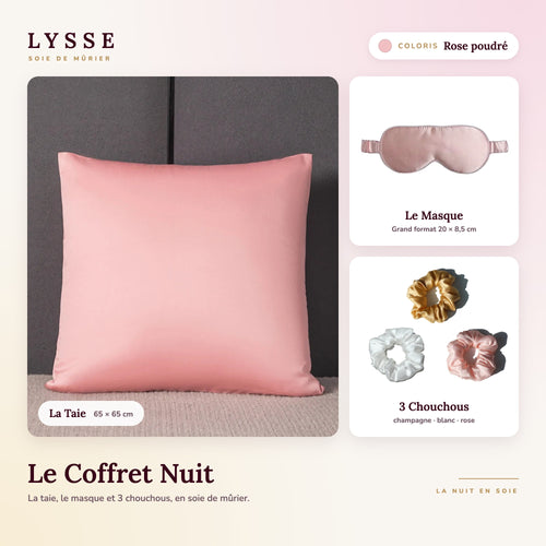 Coffret Nuit LYSSE coloris Rose poudré : taie 65 × 65 cm, masque et 3 chouchous en soie de mûrier
